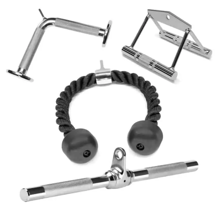Image of different cable attachments for a functional trainer. 