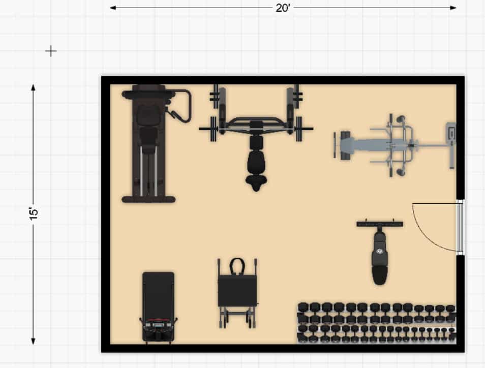 home gym floor plan 300 sq. ft. multi-gym and machines