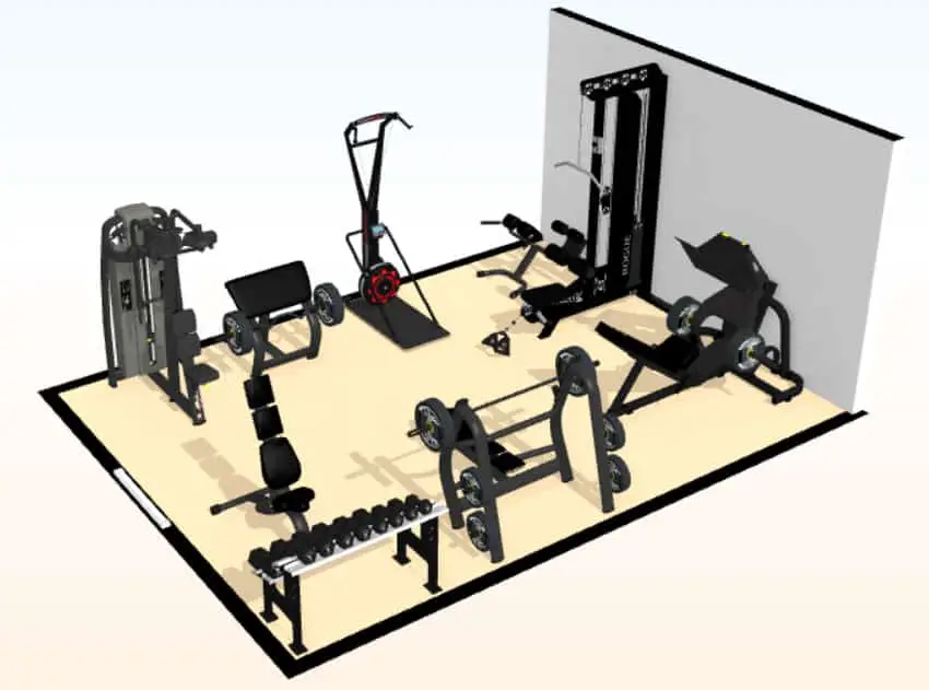 300 sq. ft. weightlifting home gym 3d floor plan with machines