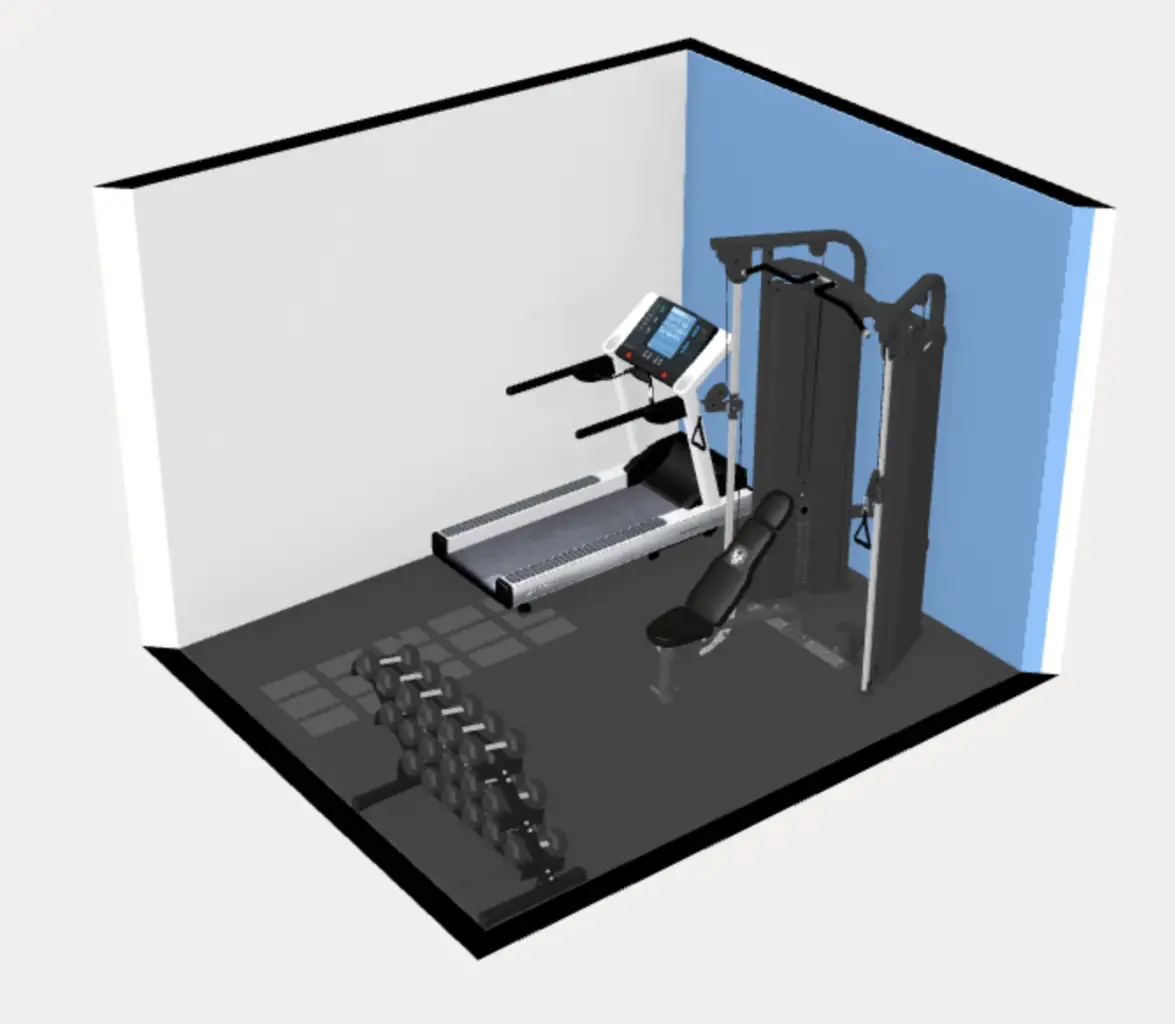 120 sq ft, 10x12 foot home gym floor plans. treadmill, functional trainer, bench, dumbbells 3d.