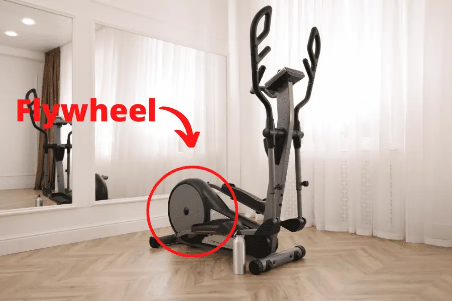 Rear drive elliptical trainer with arrow pointing to the location of the flywheel