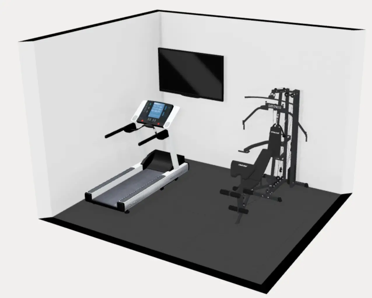 120 sq ft, 10x12 foot home gym floor plans. multi-gym, treadmill. 3d.