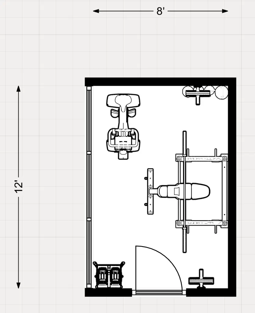Home gym floor plan 2d. 8' x 12'. Barbell, dumbbells and exercise bike. 