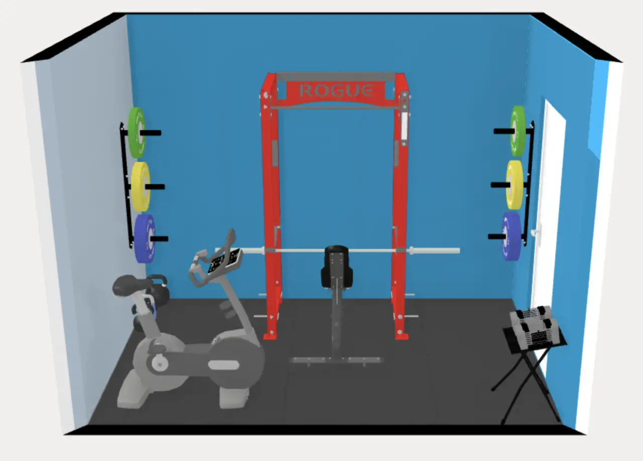 Home gym floor plan 3d. 8' x 12'. Barbell, dumbbells and exercise bike. 