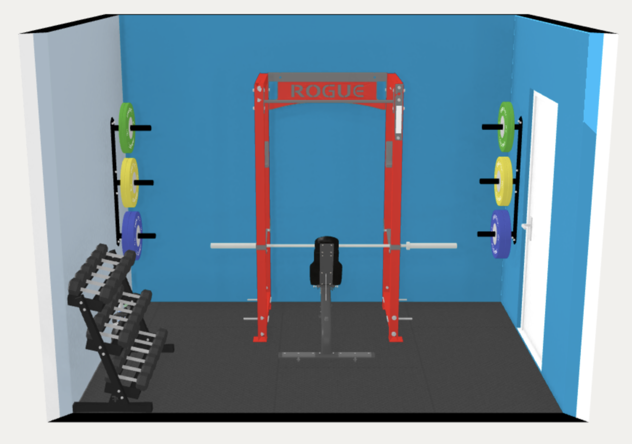 Home gym floor plan 3d. 8' x 12'. Free weights basics.