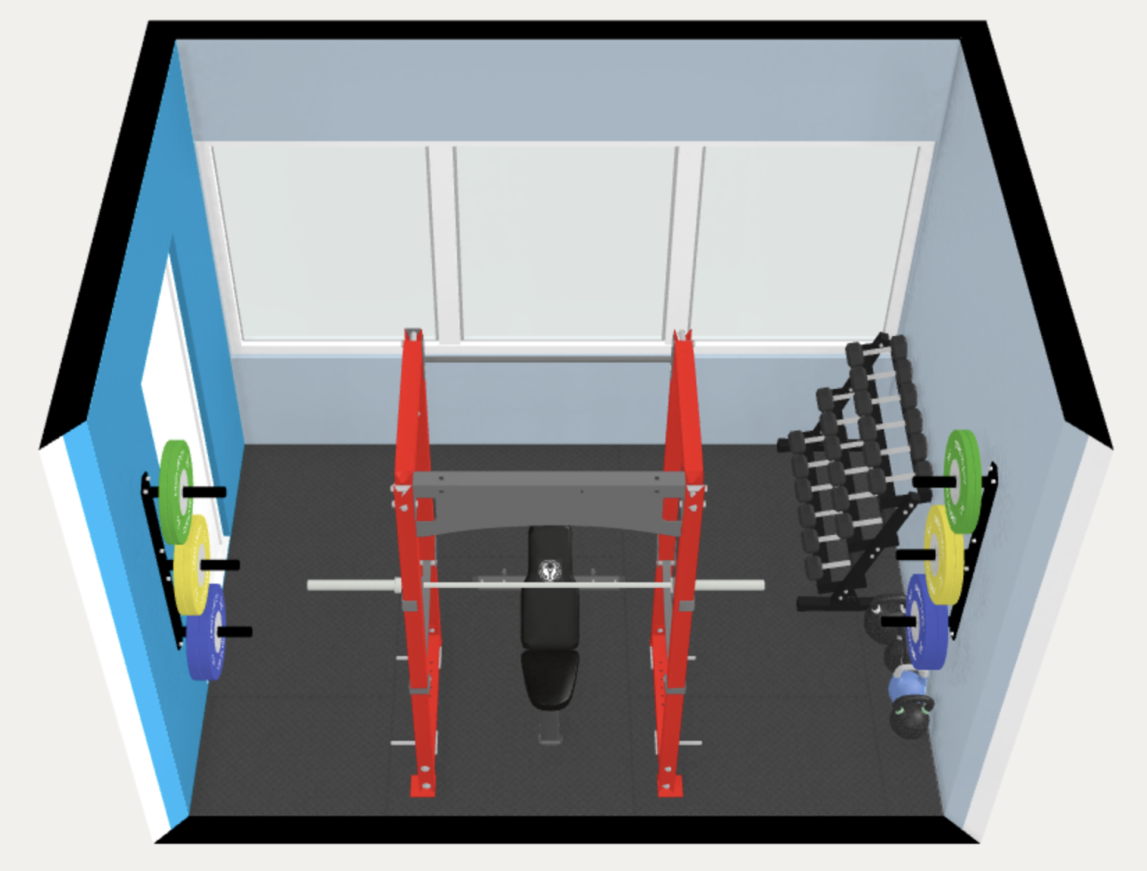 Home gym floor plan 3d. 8' x 12'. Free weights basics.