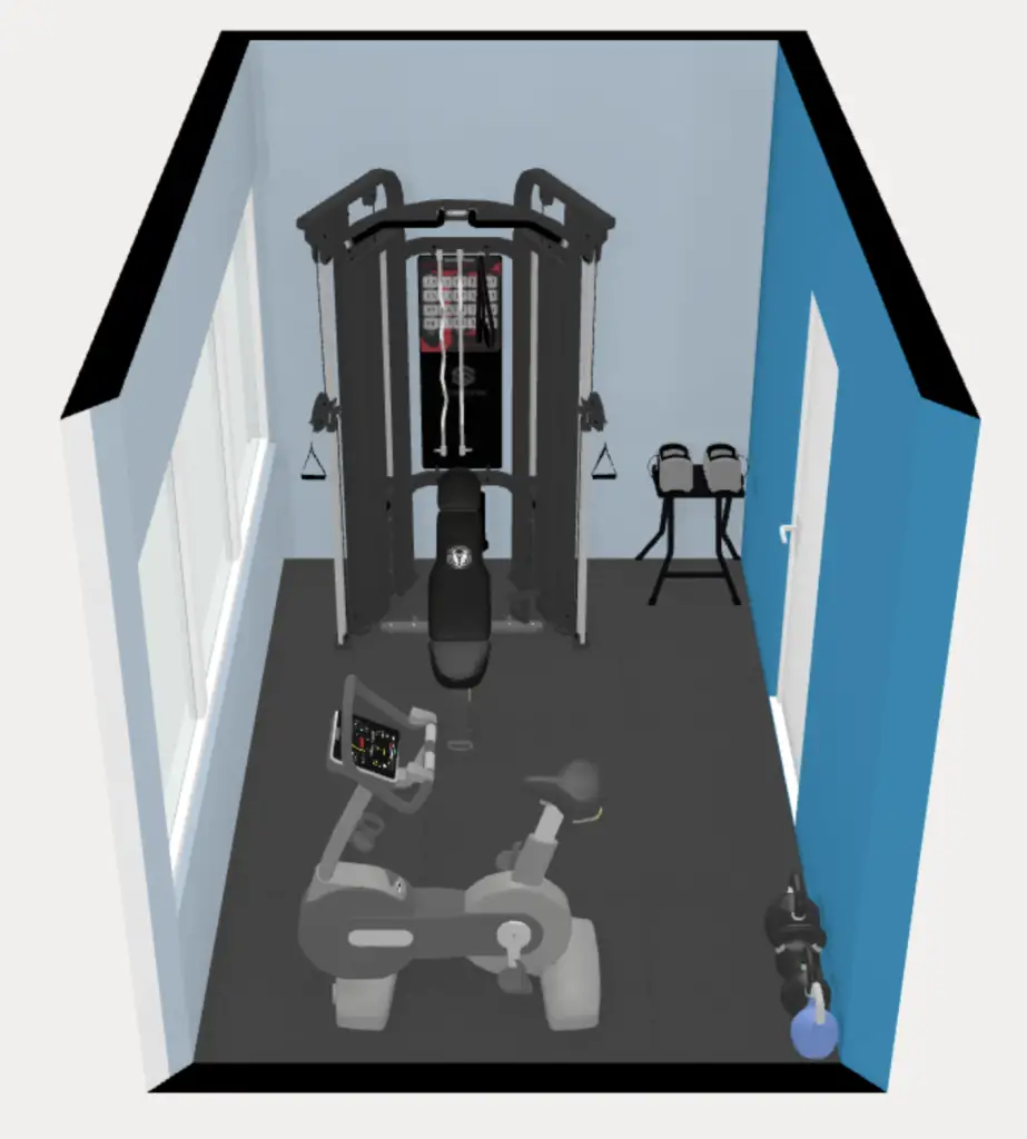 Home gym floor plan 3d. 8' x 12'. functional trainer, bench, dumbbells and exercise bike.