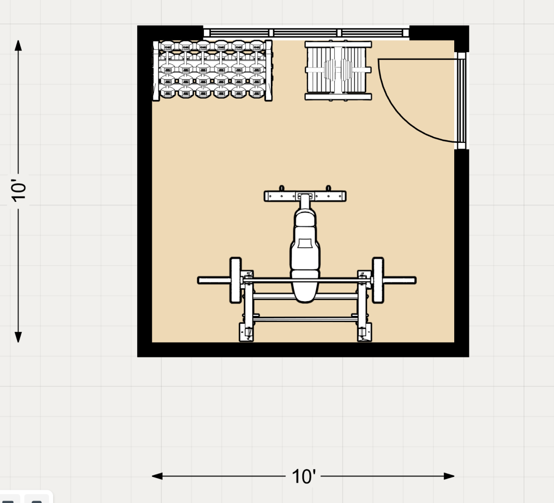 A 2d layout/floor plan for a 100 sq ft (10' x 10') home gym.