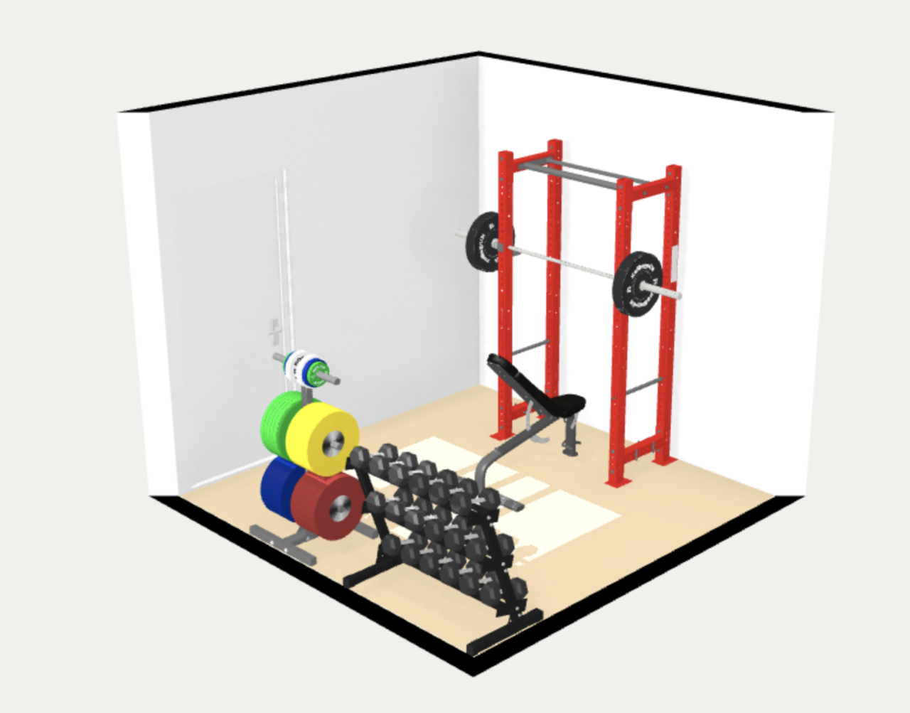 A 3d layout/floor plan for a 100 sq ft (10' x 10') home gym.