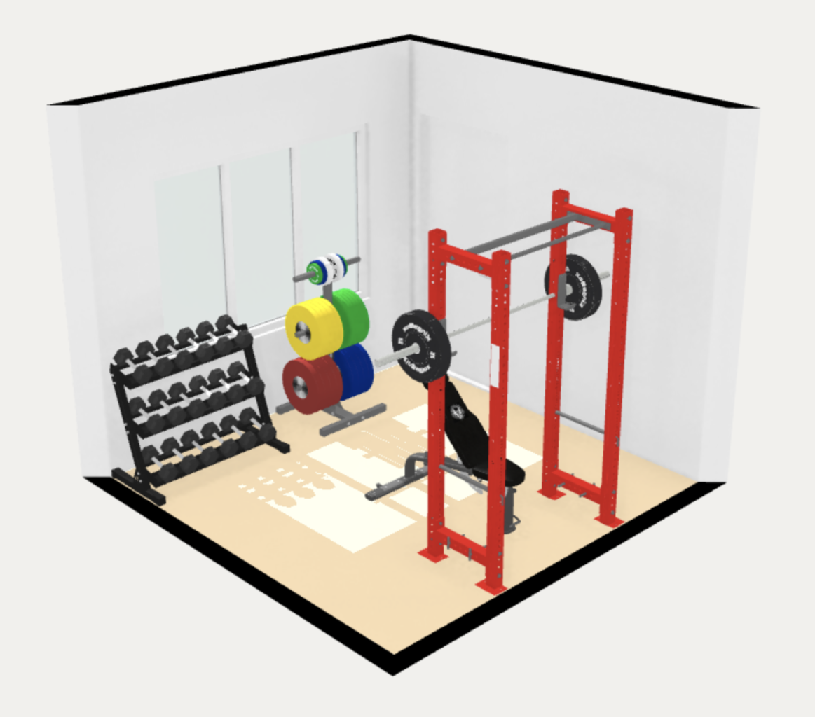A 3d layout/floor plan for a 100 sq ft (10' x 10') home gym.