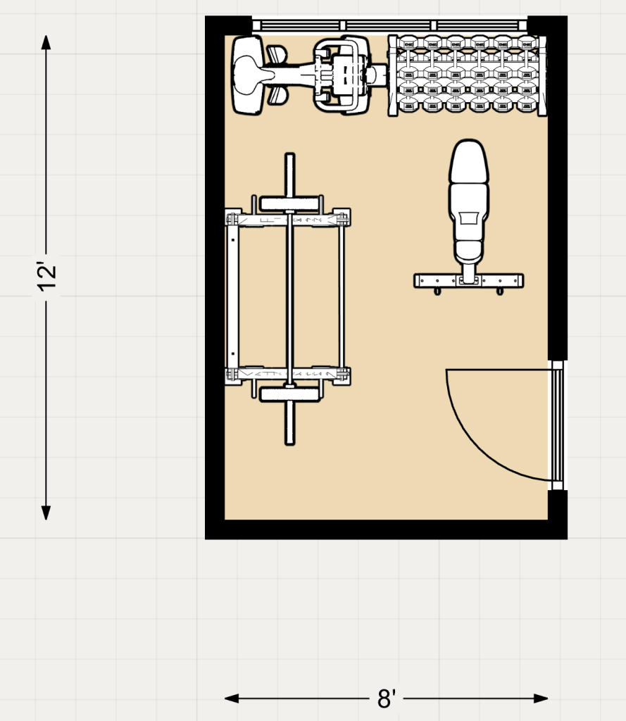 2d layout/floor plan for a 96 sq ft (8' x 12') home gym.