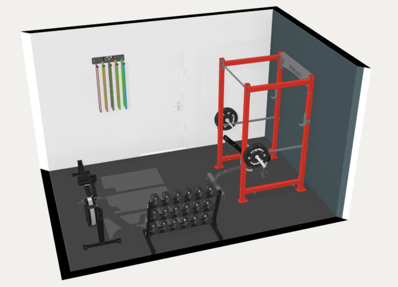 10' x 15' 150 square feet home gym floor plan. 3d. 