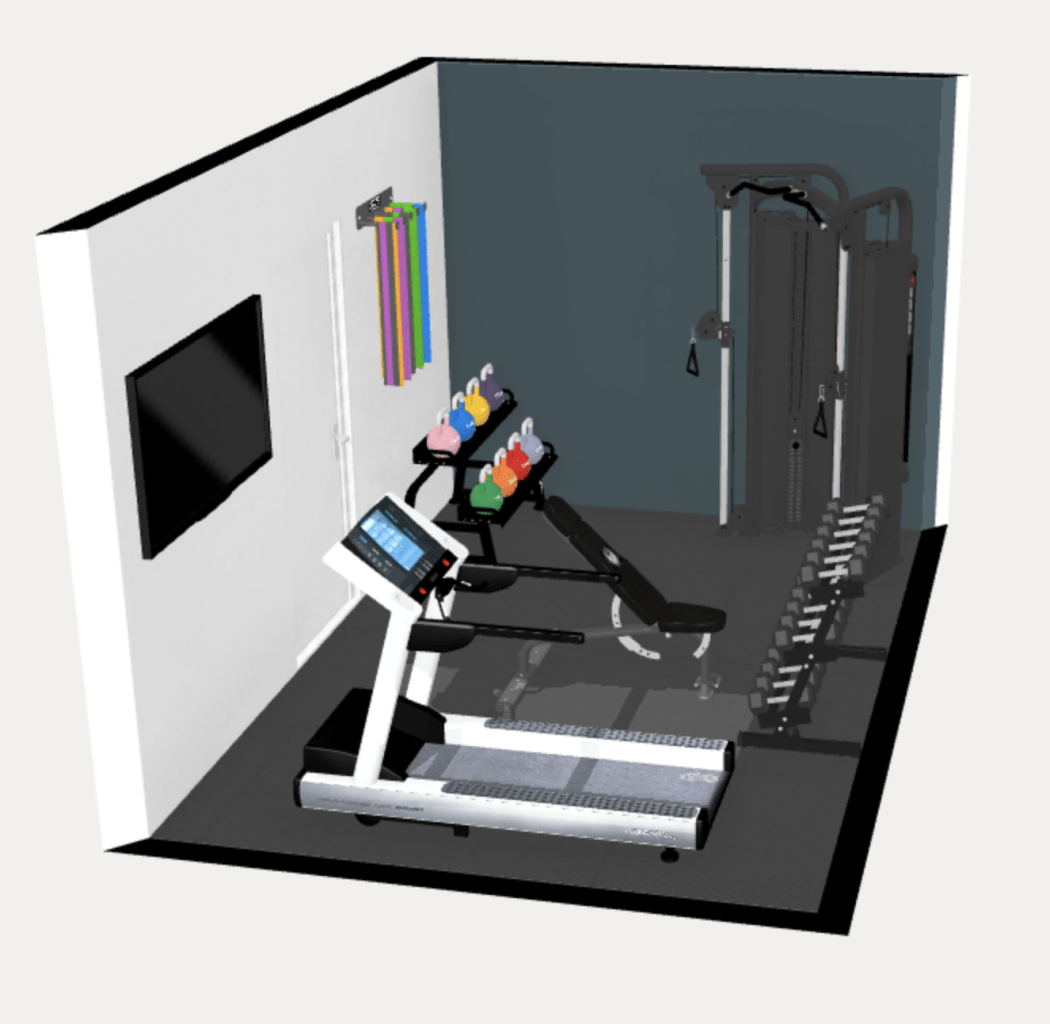 10' x 15' 150 square feet home gym floor plan. 3d. With treadmill and functional trainer.