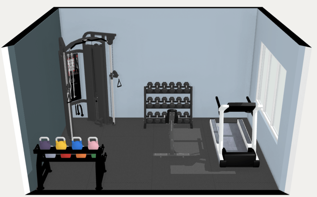 10' x 15' 150 square feet home gym floor plan. 3d. With treadmill and functional trainer.