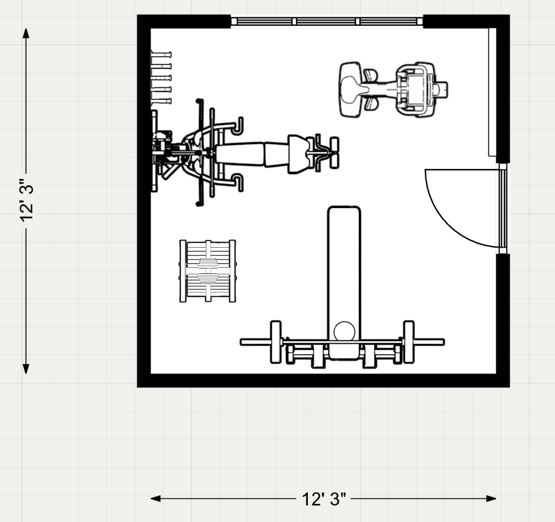 12' x 12' 150 square feet home gym floor plan. 2d. With bench press and multi-gym.