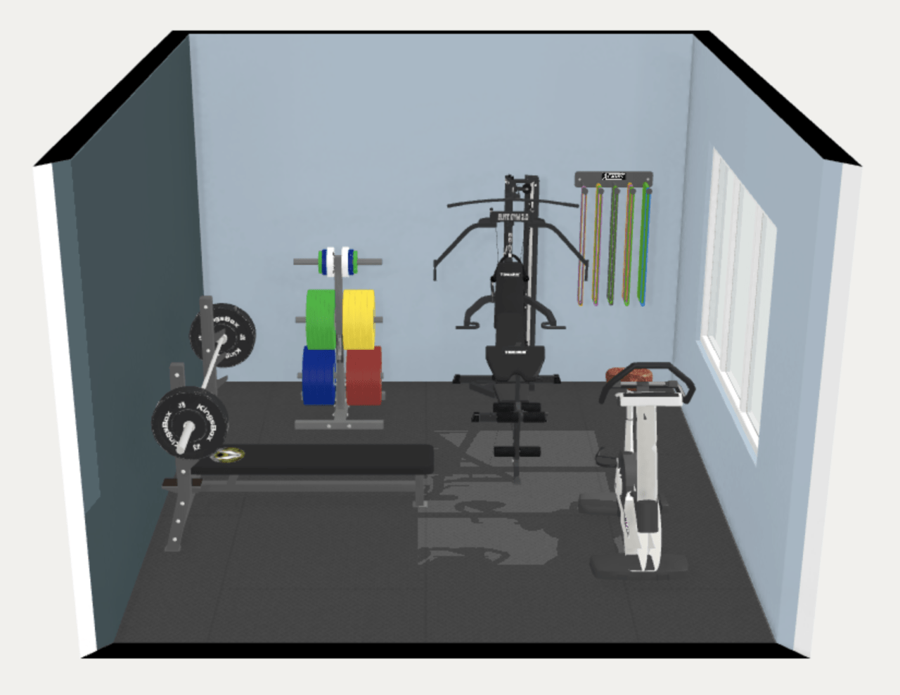 12' x 12' 150 square feet home gym floor plan. 3d. With bench press and multi-gym.