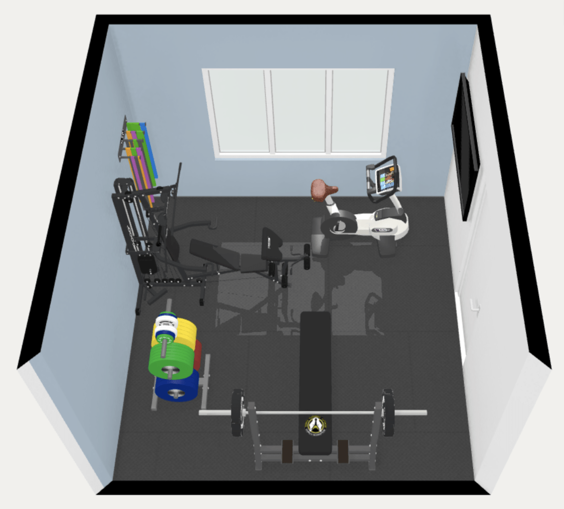 12' x 12' 150 square feet home gym floor plan. 3d. With bench press and multi-gym.