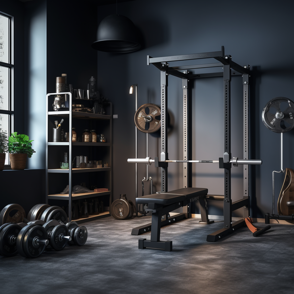 Render of a home gym with power rack, barbells, weight plates and bench.