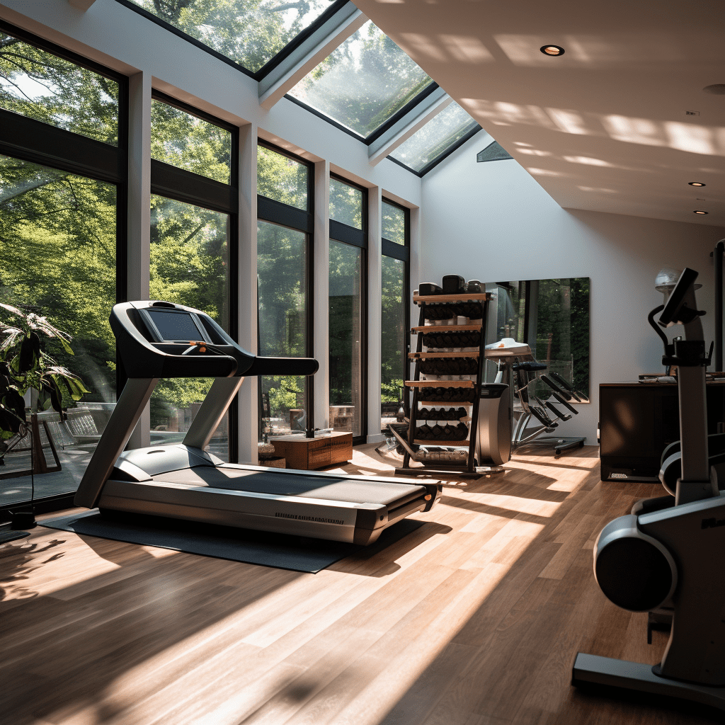 Artists impression of a bright, modern home gym.