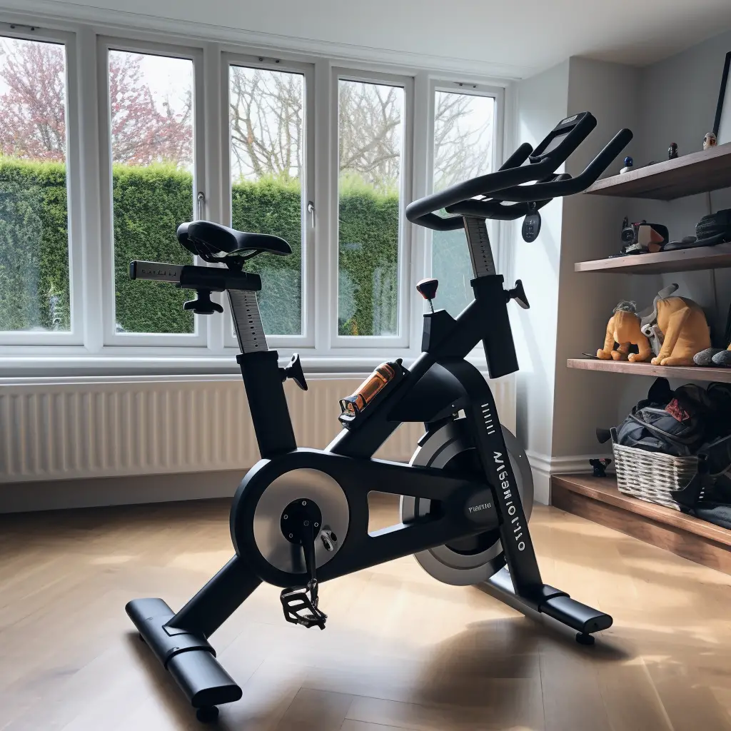 Image of a spin bike on a laminate floor.