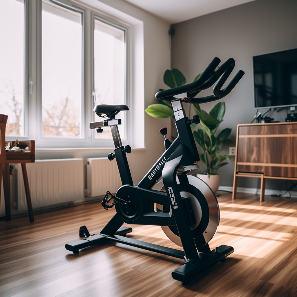 Image of a spin bike in a living room.