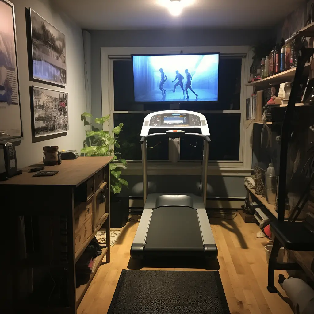 An image of a TV mounted in front of a treadmill. 