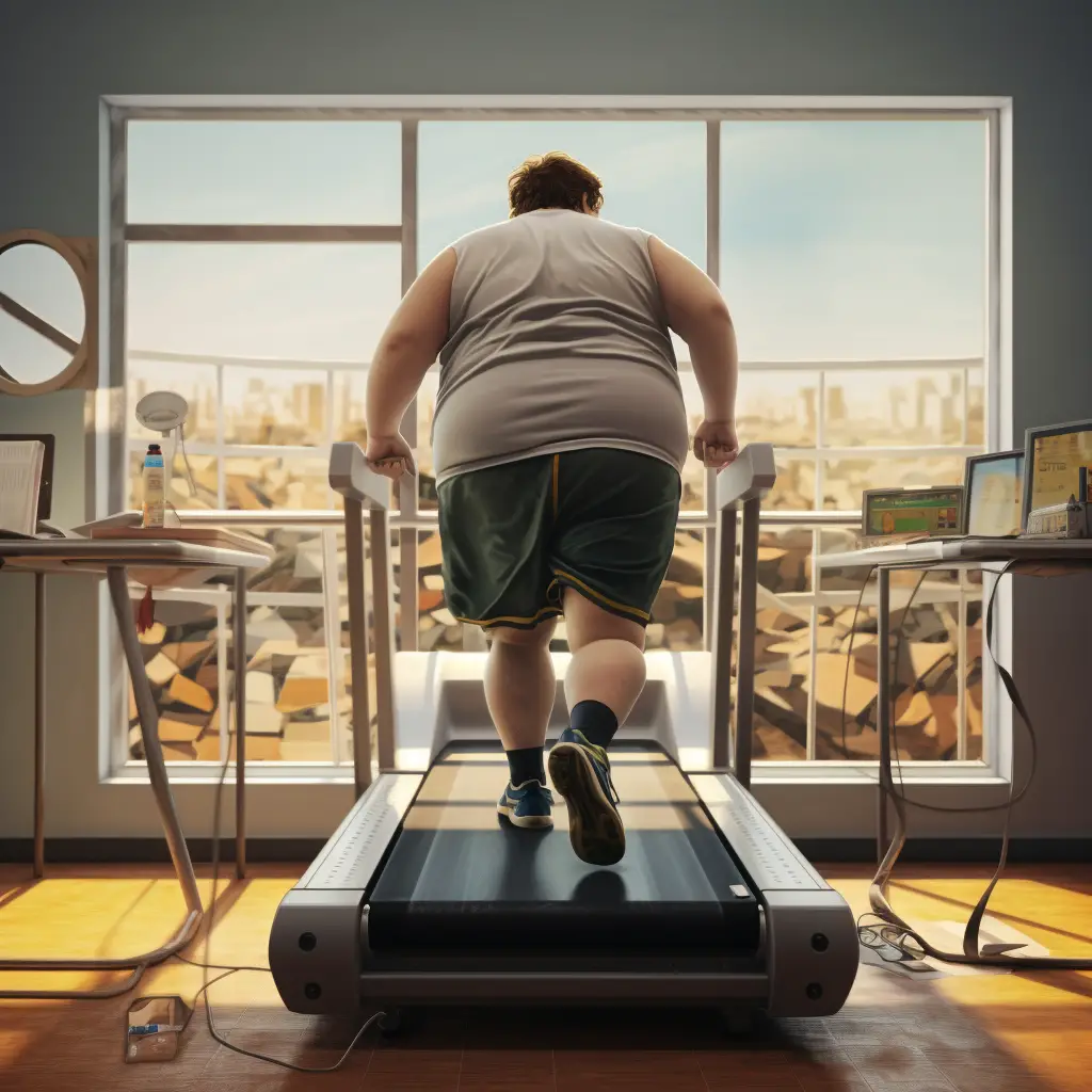 A render of a heavier person on a treadmill.
