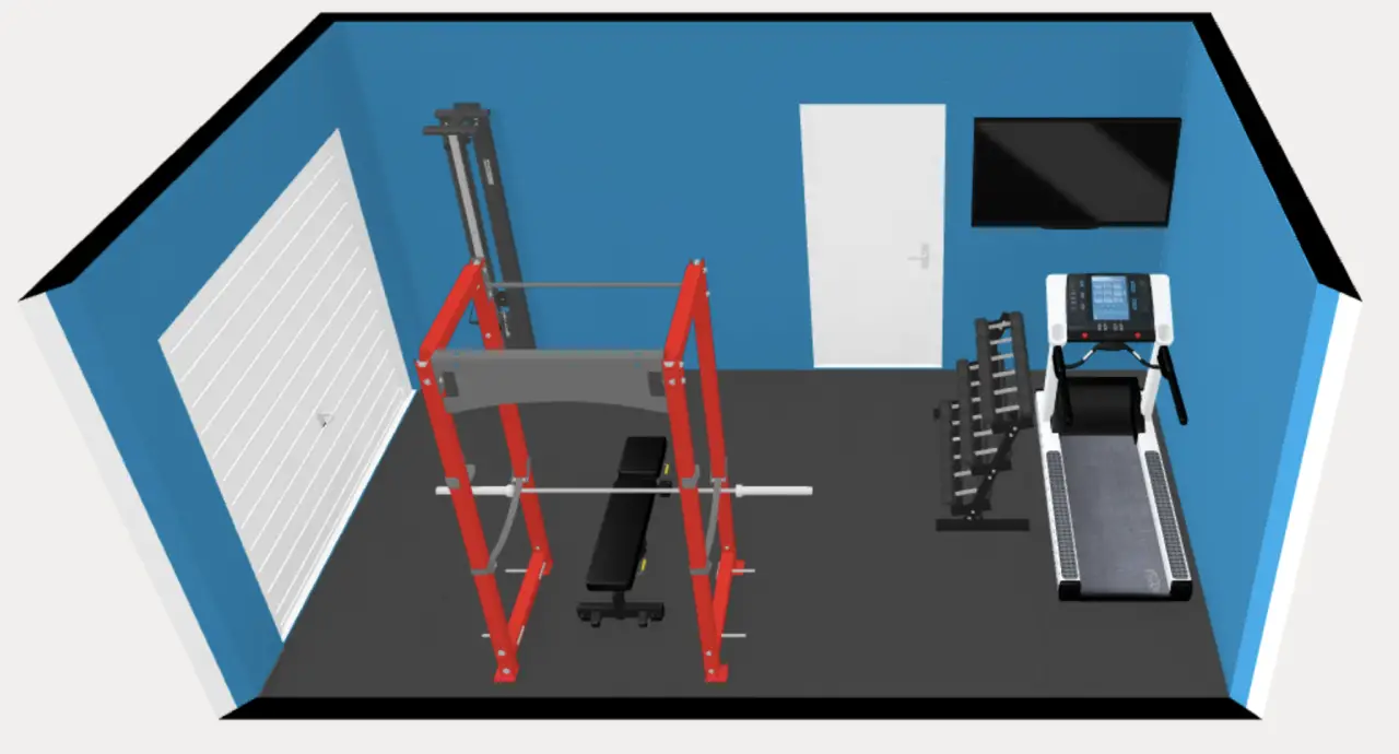 A 3d render of a single car garage gym layout with treadmill, dumbbells, power rack, bench and cable station.