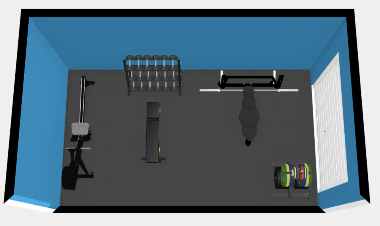 A 3d render of a single car garage gym layout with rower, bench, dumbbells, bench press and plate tree.