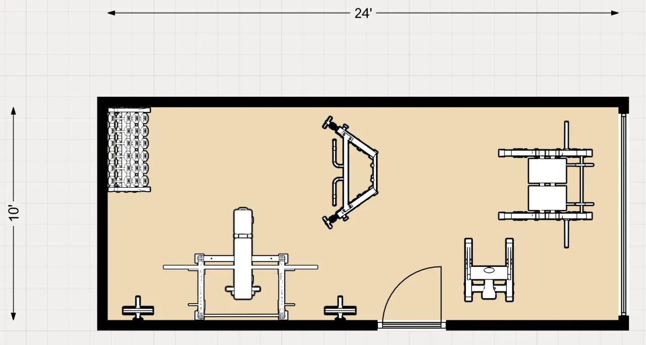 Example 2D floor plan for a 10' x 24' garage gym. Focused on weight training.