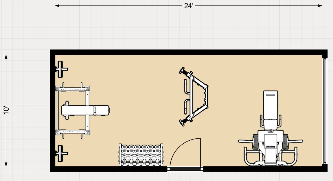 Example 2D floor plan for a 10' x 24' garage gym. Focused on weight training.