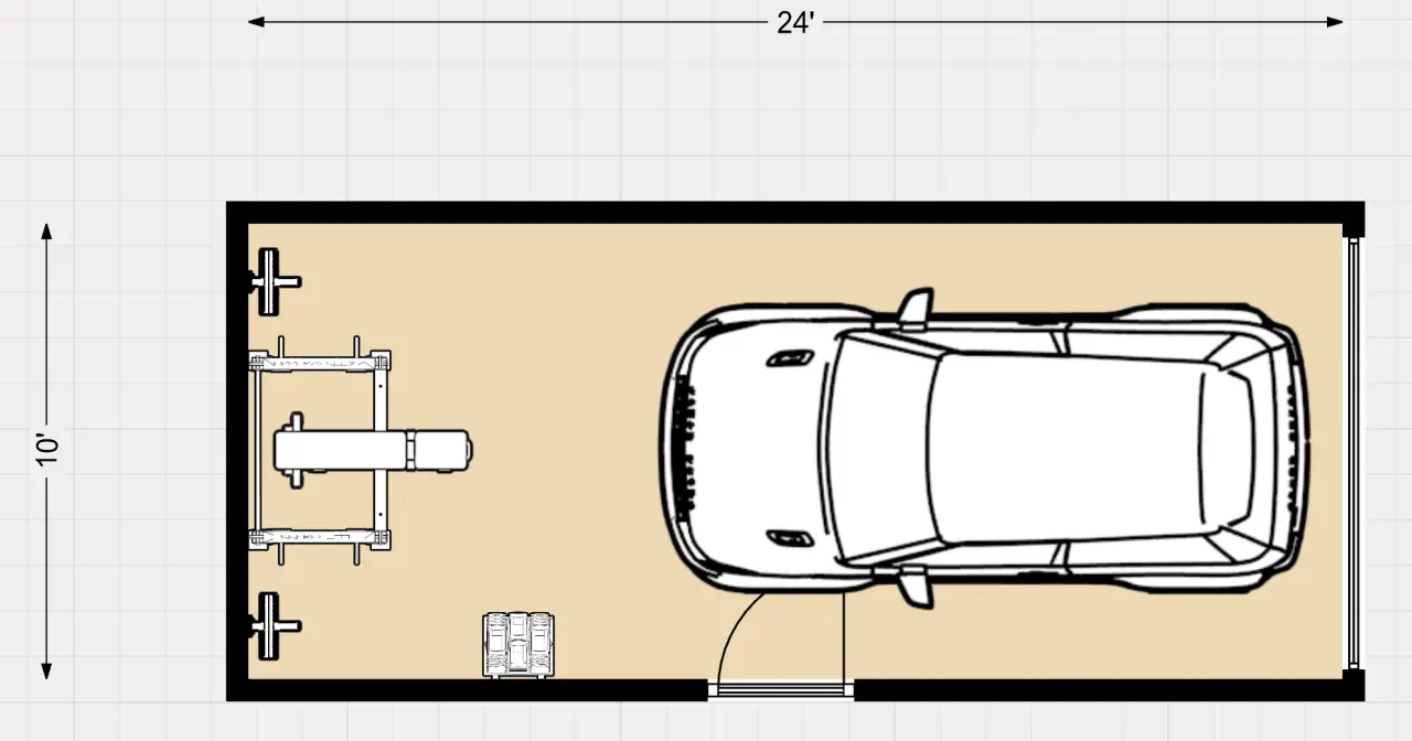 Example 2D floor plan for a 10' x 24' that shows how to build a home gym in your garage while also being able to park a car.