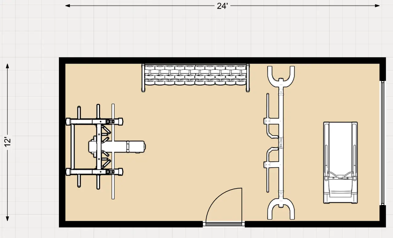 a 12' x 24' 2d layout of a general fitness garage gym.