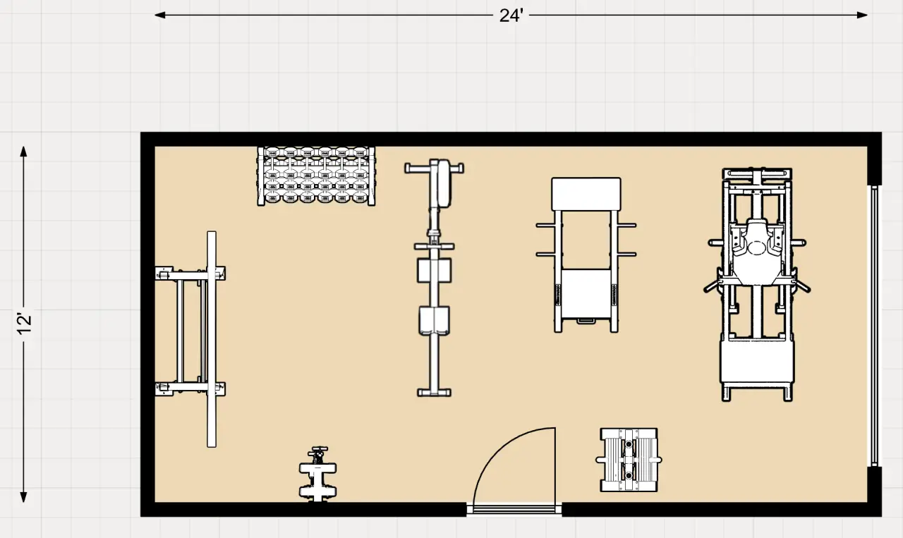 a 12' x 24' 2d layout of a garage gym focused on glute building.