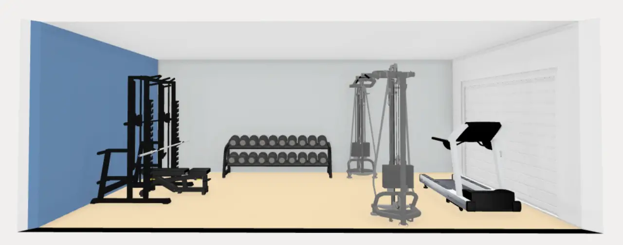 a 12' x 24' 3d layout of a general fitness garage gym.
