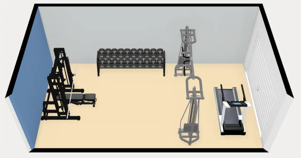 a 12' x 24' 3d render of a general fitness garage gym.