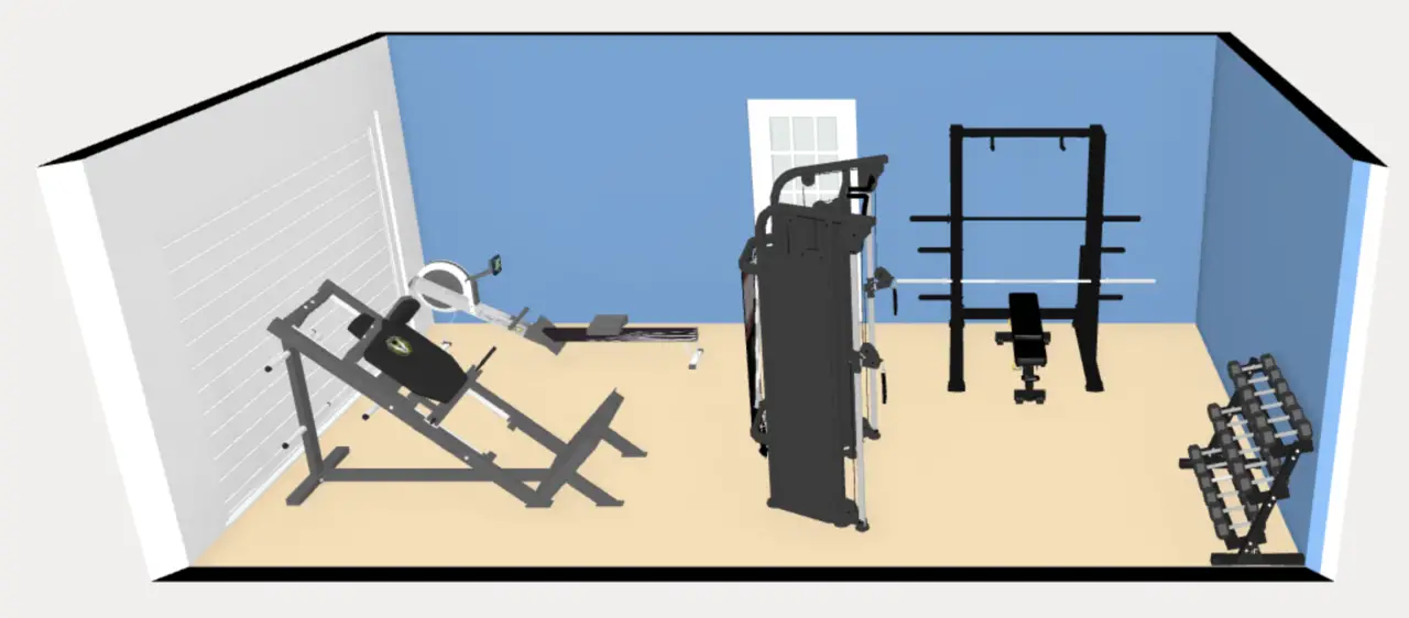 a 12' x 24' 3d layout of a strength training garage gym.