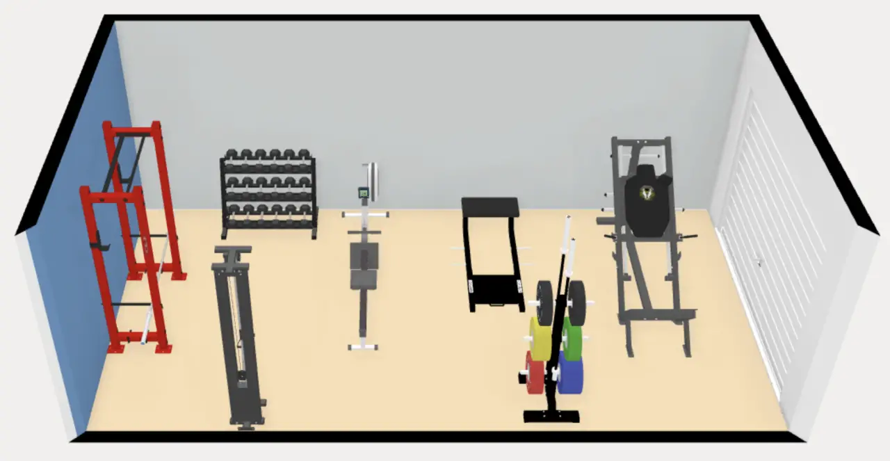 a 12' x 24' 3d layout of a garage gym focused on glute building.